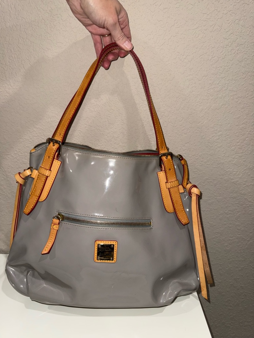 Gray Patent Leather Nina with Tan Trim - Women Bags